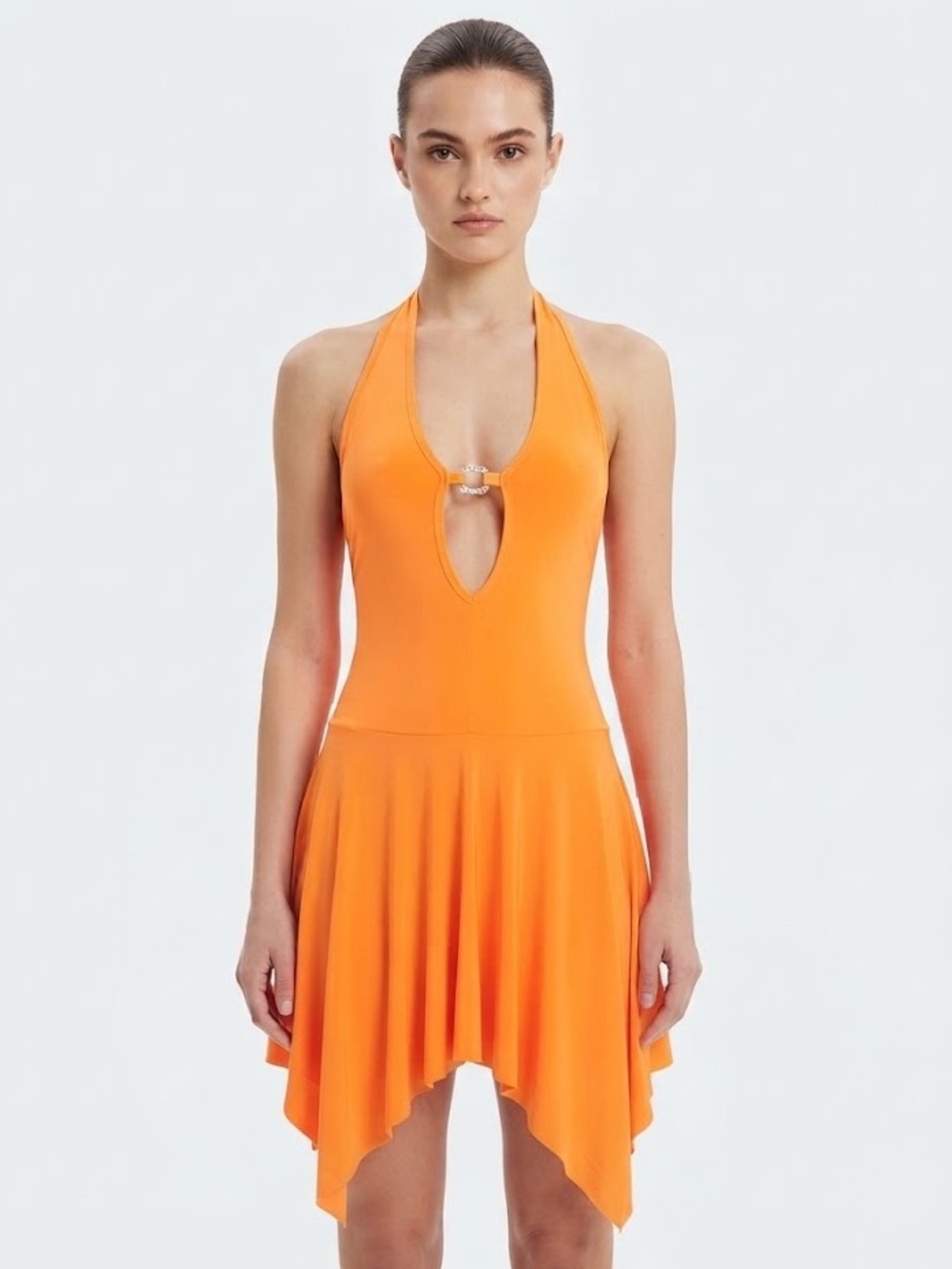 SIRENS Orange Halter Handkerchief Mini Dress with Plunging Neckline - Sz S